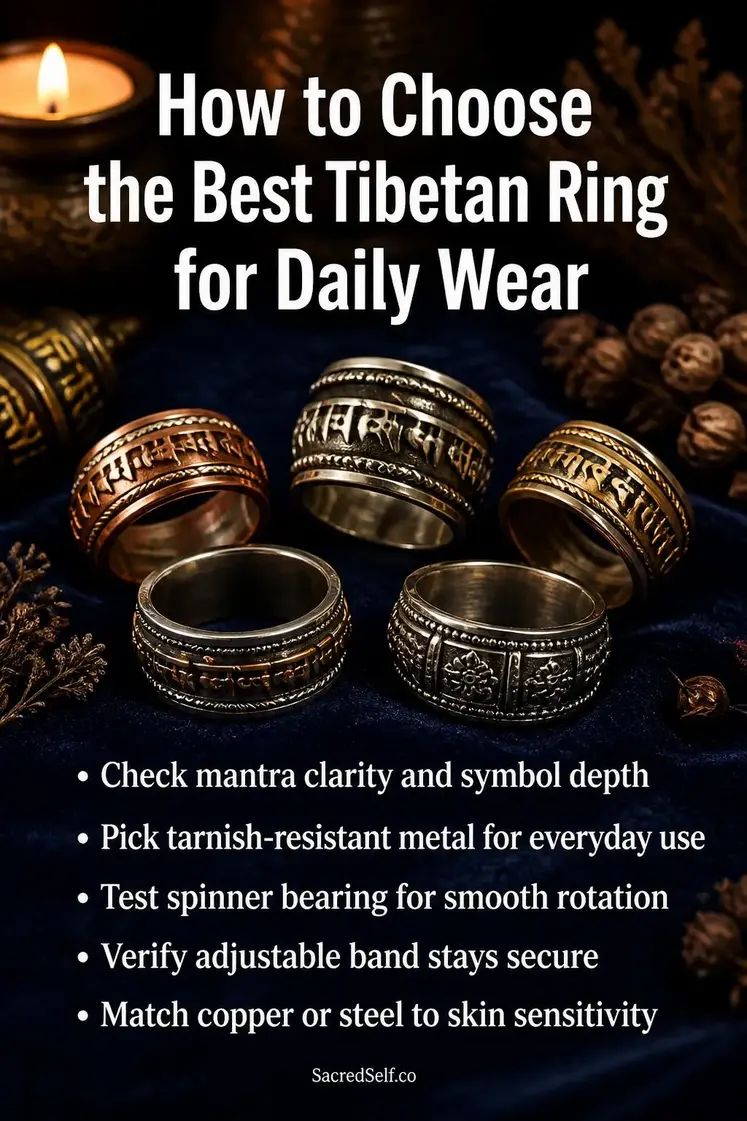 Ornate silver and copper Tibetan rings with Buddhist mantras arranged on deep indigo velvet surface with glowing candles and dried botanicals - tibetan rings