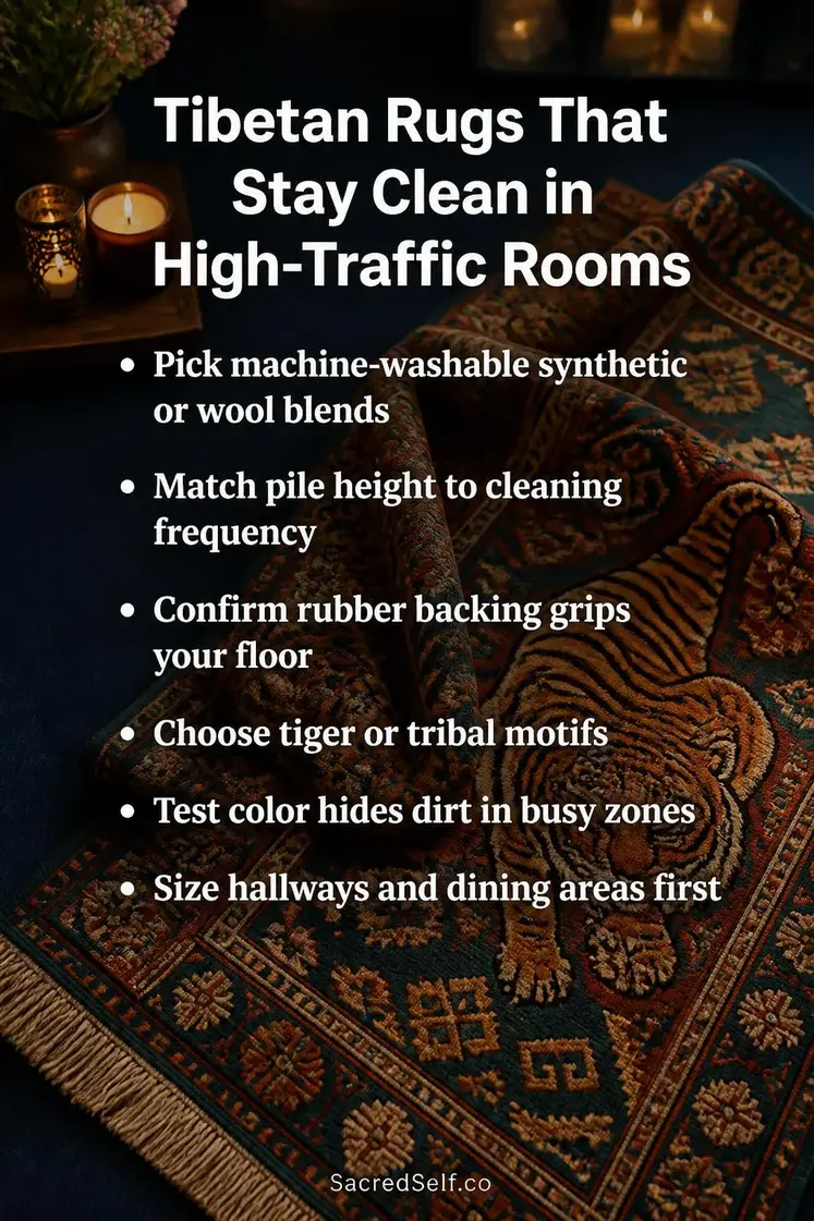 Traditional woven rug with tiger and geometric patterns in warm terracotta and teal colors, surrounded by candles and botanicals on deep indigo background - Tibetan rugs