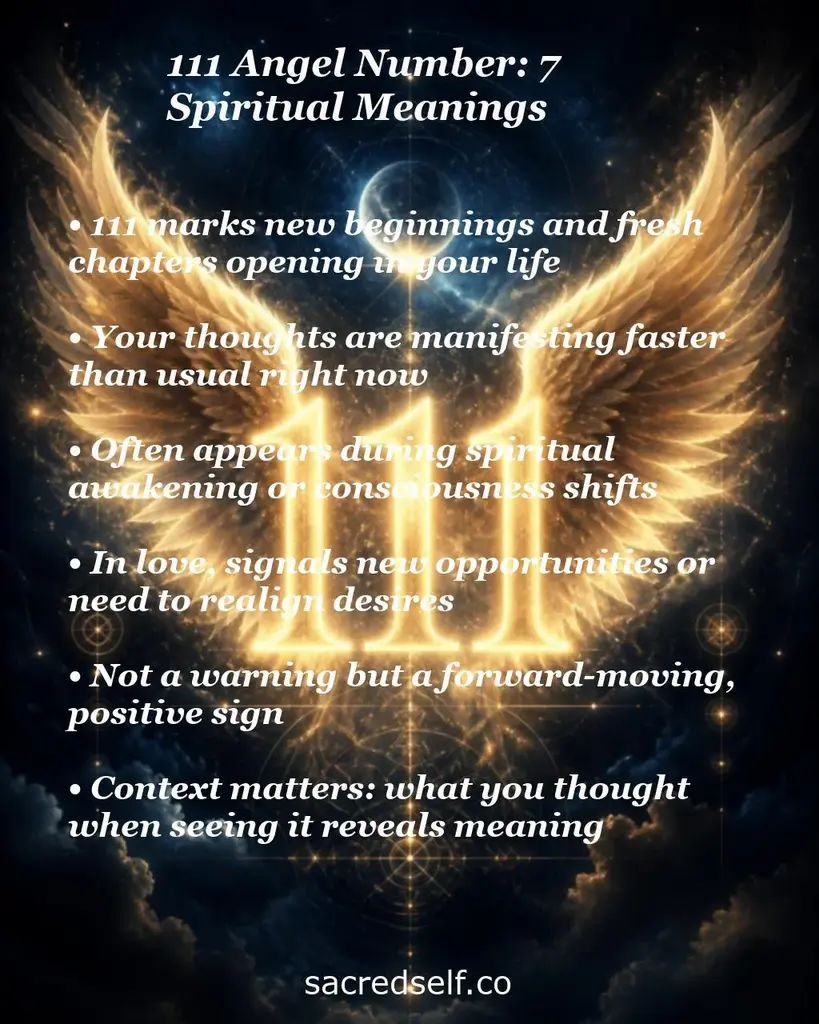 Golden angel wings and glowing 111 over a starry sky with overlay text about 111 angel number meanings like new beginnings