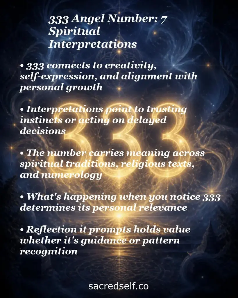 Glowing golden '333' on a starry background with text about creativity, trusting instincts, spiritual meaning.