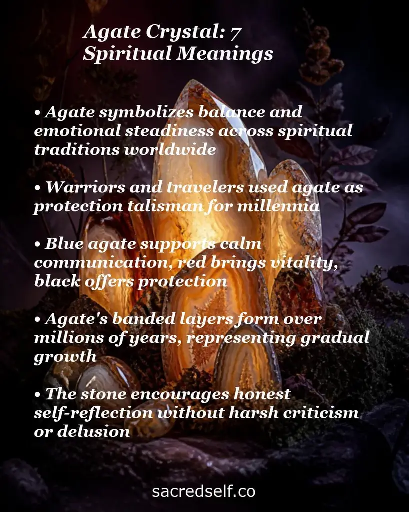 Banded agate glowing against dark plants with text about spiritual meanings: balance, protection, calm communication, growth.