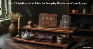 Photorealistic 16:9 image of a walnut two-tier meditation altar table with a carved moon-phase plaque and wooden tarot card holder, ritual items on the table, soft natural light, dark muted bokeh background; large white centered title at top and small "sacredself.co" watermark at bottom right.