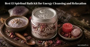 Cozy, ethereal 16:9 photo of a jar of energy-cleansing bath salts with lotus-crescent symbol, lavender moon milk bowl, and self-love kit on a wooden tray; dark muted background, white title at top and small "sacredself.co" watermark bottom right.