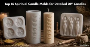 Photorealistic 16:9 image of a Moon Phases pillar candle mold as the hero, flanked by Hamsa Lotus and Three Goddesses candle molds on a dark, cozy wooden table; soft natural light, creamy bokeh, large white title at top and small white "sacredself.co" watermark bottom right.