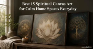 Cozy dark living room scene with a framed lotus meditation canvas as the central hero, two blurred sacred geometry canvases nearby; large white title centered at top reading 'Best 15 Spiritual Canvas Art for Calm Home Spaces Everyday' and small 'sacredself.co' watermark bottom right.