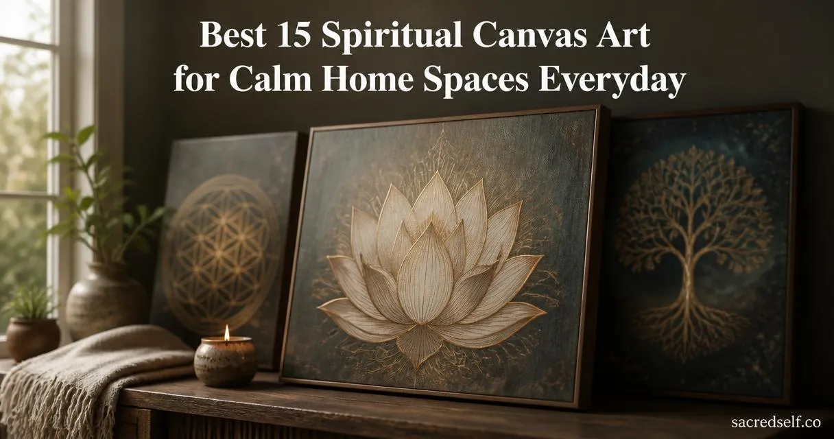 Cozy dark living room scene with a framed lotus meditation canvas as the central hero, two blurred sacred geometry canvases nearby; large white title centered at top reading 'Best 15 Spiritual Canvas Art for Calm Home Spaces Everyday' and small 'sacredself.co' watermark bottom right.