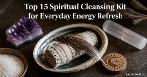 Cozy 16:9 photo of a sage smudge kit with white sage bundle in an abalone shell and a feather, amethyst and selenite nearby on a dark wooden table, soft bokeh background. Large white title centered at top: 'Top 15 Spiritual Cleansing Kit for Everyday Energy Refresh' and small white 'sacredself.co' watermark bottom right.