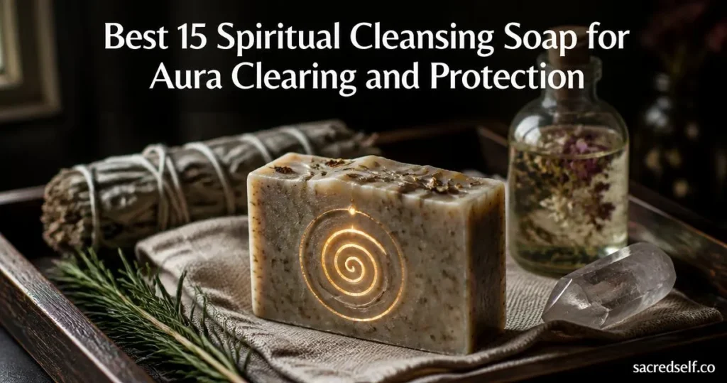 Cozy 16:9 photorealistic shot of a single engraved cleansing soap bar with sage, rosemary and crystal on a dark tray; white title centered at top and small "sacredself.co" watermark bottom right.