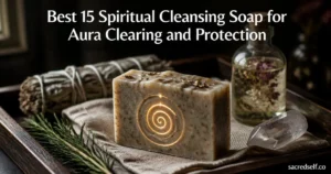 Cozy 16:9 photorealistic shot of a single engraved cleansing soap bar with sage, rosemary and crystal on a dark tray; white title centered at top and small "sacredself.co" watermark bottom right.