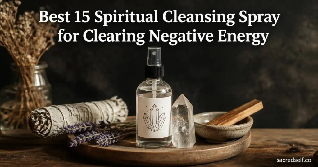 Cozy 16:9 still life of a quartz-symbol smudge spray bottle on a wooden tray with a quartz point, white sage sprig, lavender stems and palo santo dish, dark muted background, space at top for white title and small "sacredself.co" watermark.