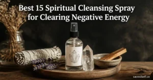 Cozy 16:9 still life of a quartz-symbol smudge spray bottle on a wooden tray with a quartz point, white sage sprig, lavender stems and palo santo dish, dark muted background, space at top for white title and small "sacredself.co" watermark.
