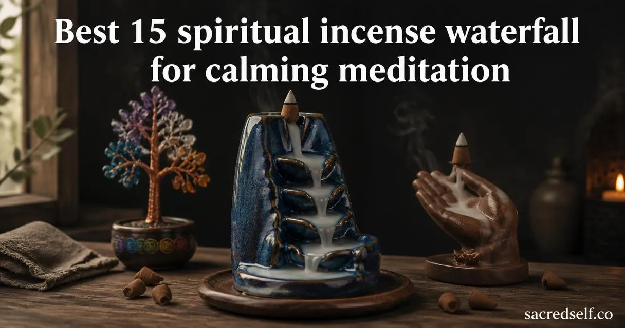 16:9 photo of a blue ceramic backflow incense burner on a wooden altar with cascading smoke like a waterfall, flanked by a 7‑chakra crystal tree and Buddha-hand incense burner; large white title centered at top and small 'sacredself.co' watermark bottom right.