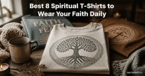Cozy 16:9 photo of a folded Tree of Life graphic t-shirt centered on a dark table with two blurred spiritual tees and warm props; white title text at top and small 'sacredself.co' watermark bottom right.