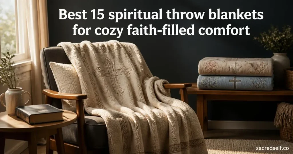 Photorealistic 16:9 image of a Cross-Design inspirational throw blanket draped on an armchair with two folded inspirational blankets nearby, soft bokeh background, natural light; white title centered at top and small "sacredself.co" watermark bottom right.
