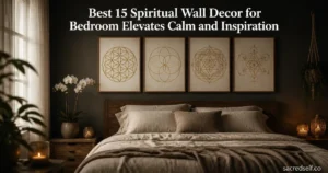 Cozy bedroom with a framed Sacred Geometry 4-piece wall art set centered above a wooden headboard, soft natural window light, muted dark wall, white title text centered at top reading 'Best 15 Spiritual Wall Decor for Bedroom Elevates Calm and Inspiration', and small white watermark 'sacredself.co' in the bottom right.