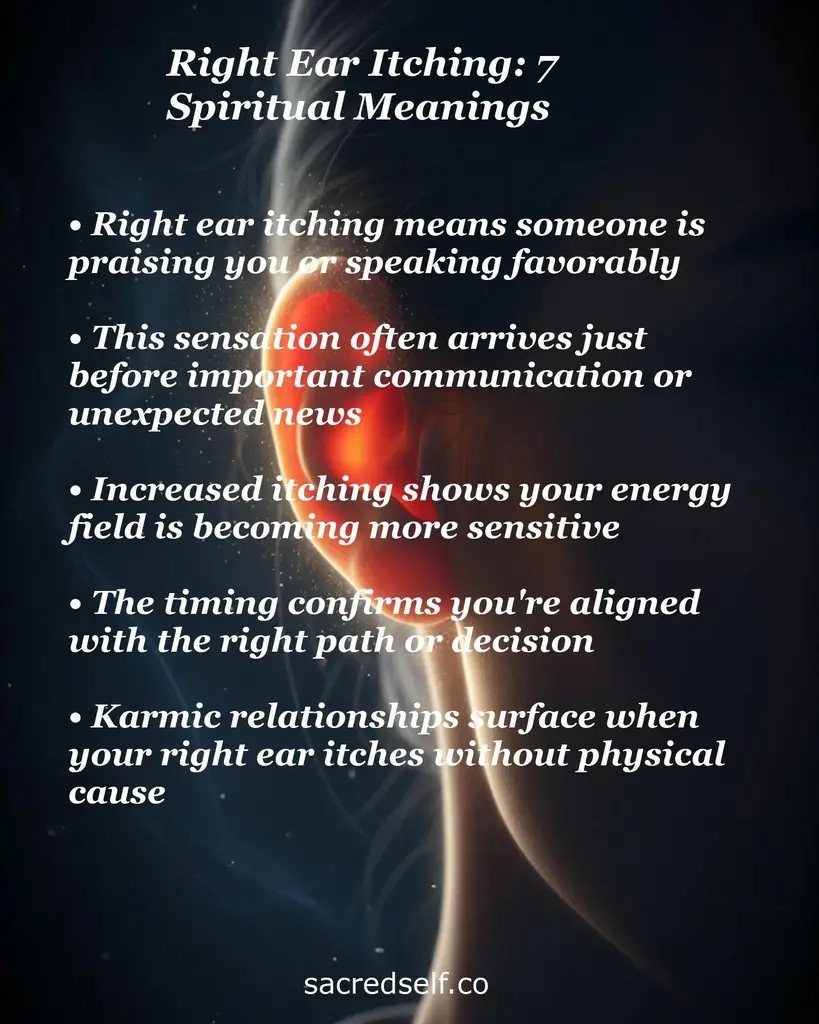 Glowing ear illustration with text on right ear itching meaning: praise, news, sensitive energy, alignment, karmic ties
