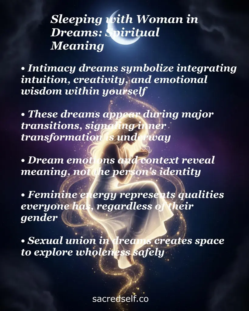 Glowing ethereal woman curled under a moon with overlay text about intimacy dreams symbolizing integration, transformation