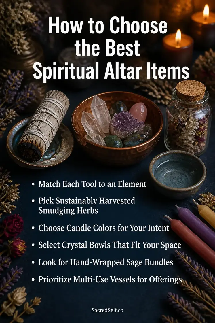 White sage smudge stick, copper bowl with crystals, colored taper candles, small water dish, and crystal jar arranged on deep indigo surface with soft botanicals and warm candlelight bokeh - best spiritual altar items for cleansing and ritual