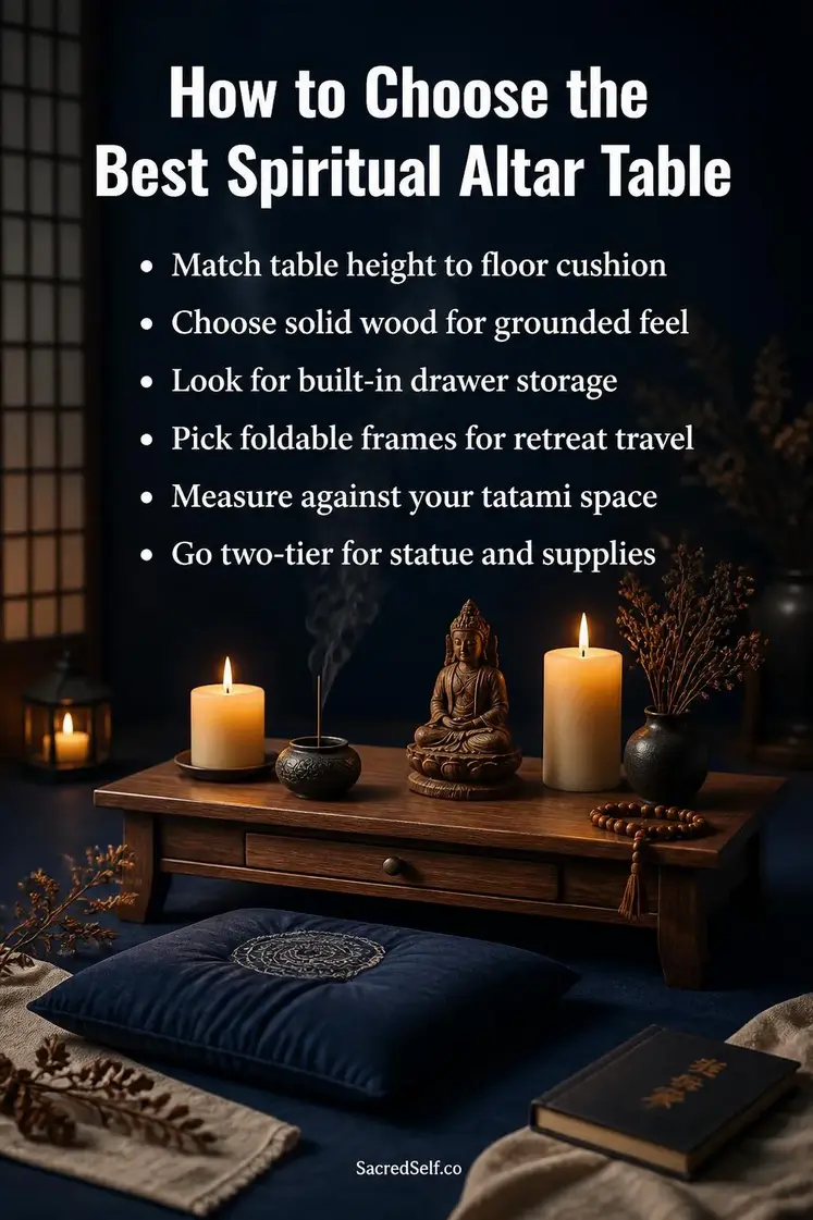 Low wooden altar table with lit candles, incense holder, folded floor cushion, dried botanicals, and small statue arranged on a deep indigo and midnight blue surface with warm cream accents and soft bokeh background - choosing the best spiritual altar table