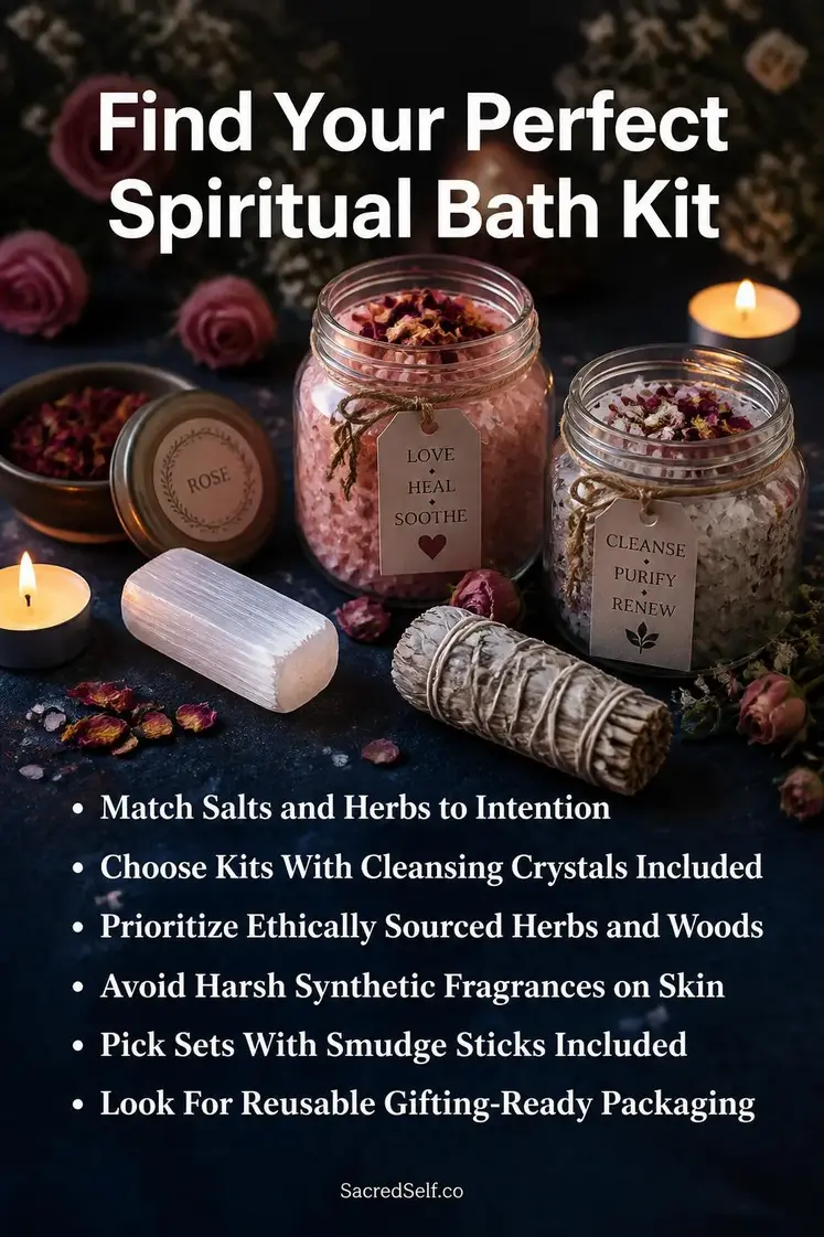 Mason jars of pink and white bath salts, dried rose petals, selenite crystal, white sage bundle, and lit candles arranged on a deep indigo surface with soft botanical shadows in the background — spiritual bath kit