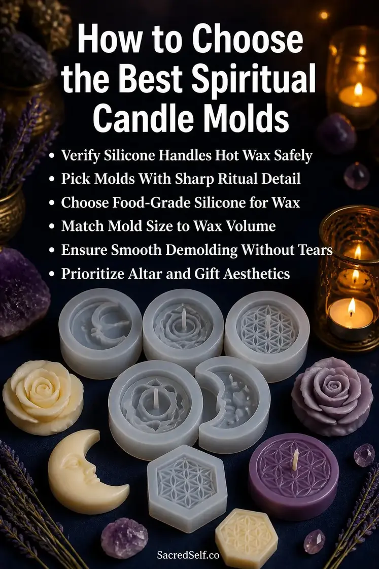 Assorted silicone candle molds in moon and rose shapes, finished ritual candles, dried lavender, and amethyst crystals arranged on a deep indigo surface with warm candlelight glow - spiritual candle molds