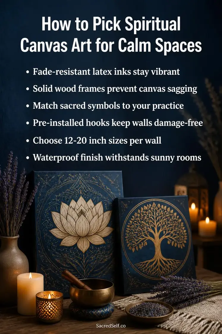 Spiritual canvas art prints with lotus flowers and tree of life symbols on deep indigo surface with lit candles, dried lavender, and a singing bowl in warm cream tones, best spiritual canvas art for calm home spaces