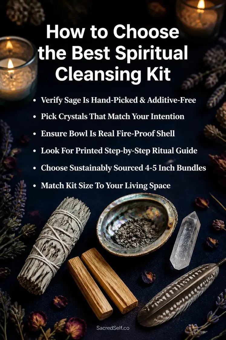White sage bundle, palo santo sticks, abalone shell, clear quartz crystal and feather arranged on deep indigo surface with candles and dried botanicals — spiritual cleansing kit