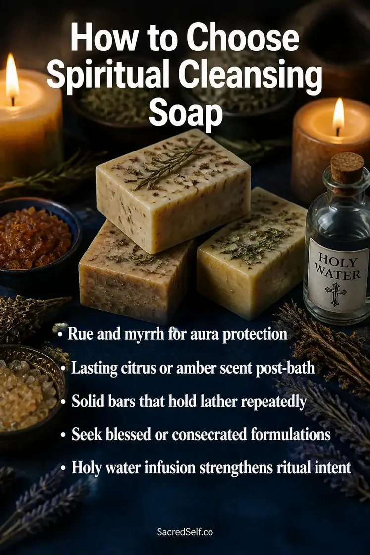 Handmade soap bars with dried herbs and botanical flecks, lit pillar candles, amber resin pieces, and small glass bottle on deep indigo surface with warm candlelight bokeh — spiritual cleansing soap