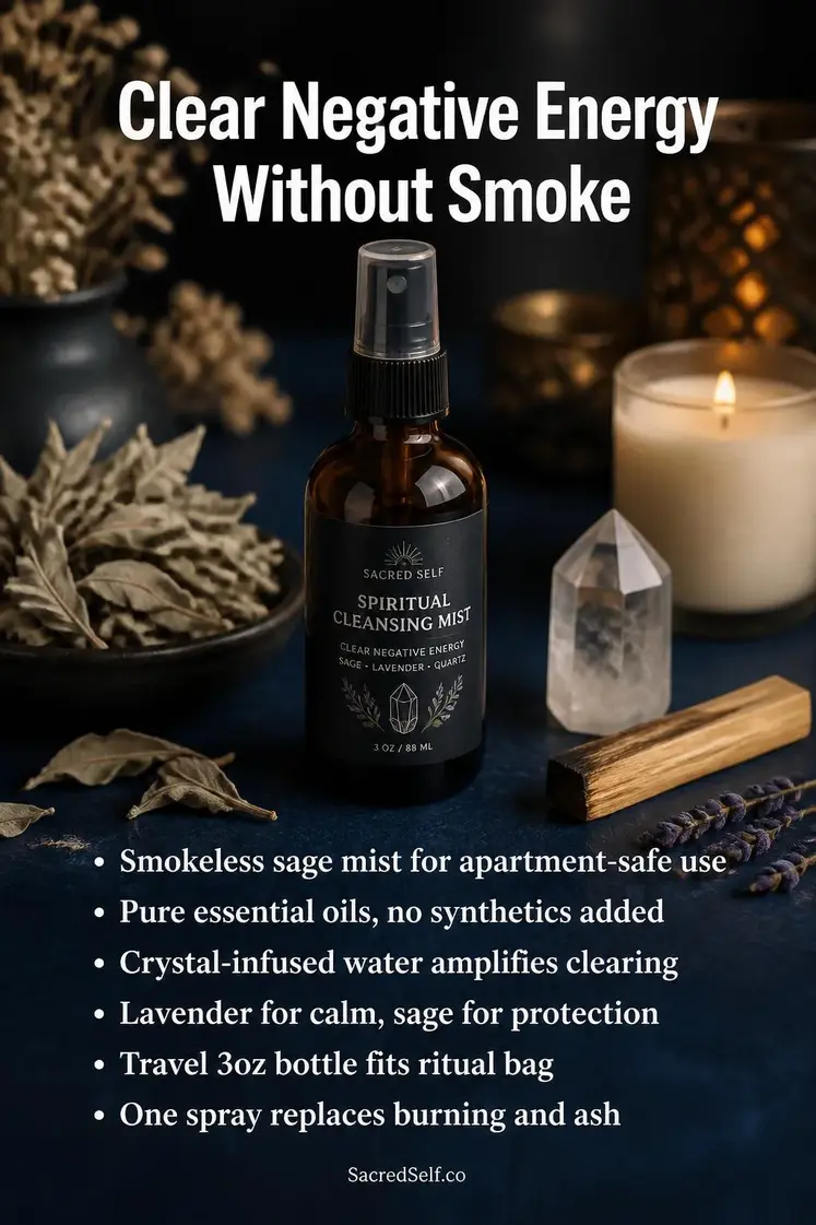 Amber glass spray bottle with white sage leaves, palo santo stick, clear quartz crystal and lit candle on deep indigo surface with warm cream accents - spiritual cleansing spray for smoke-free energy clearing