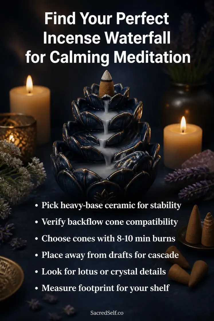 Ceramic incense waterfall burner with cascading smoke flowing down tiered steps, surrounded by lit candles and green botanicals on a deep indigo surface with warm bokeh background — spiritual incense waterfall for calming meditation