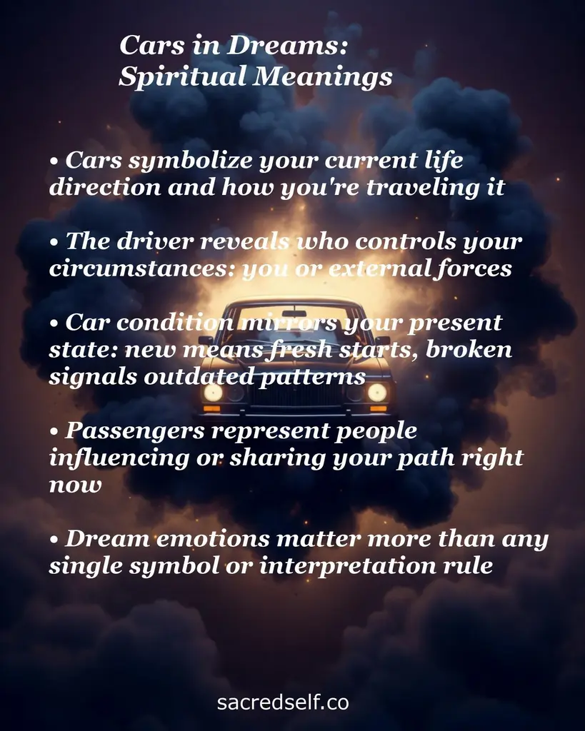 Car in glowing clouds with overlaid text about cars as symbols of life direction, driver, condition, passengers, and emotions