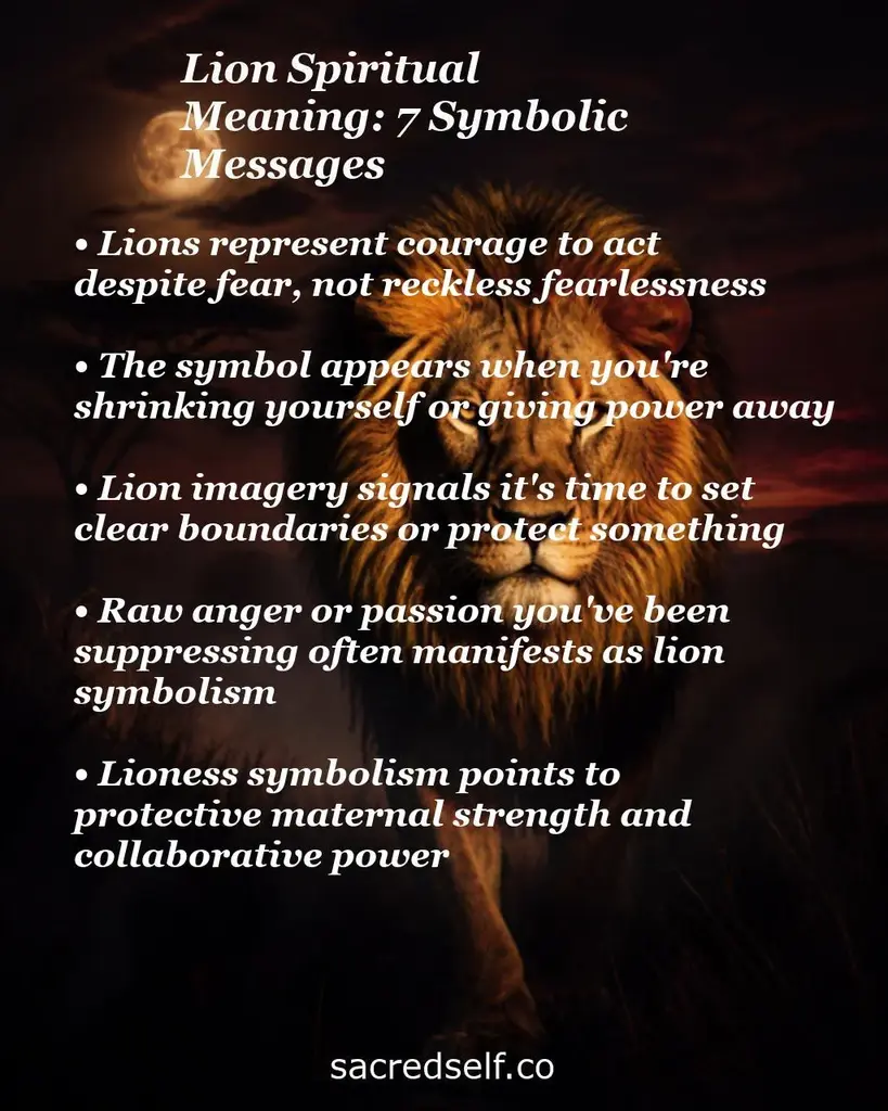 Moonlit lion portrait with text overlay listing seven symbolic messages about courage, boundaries, anger and protection.