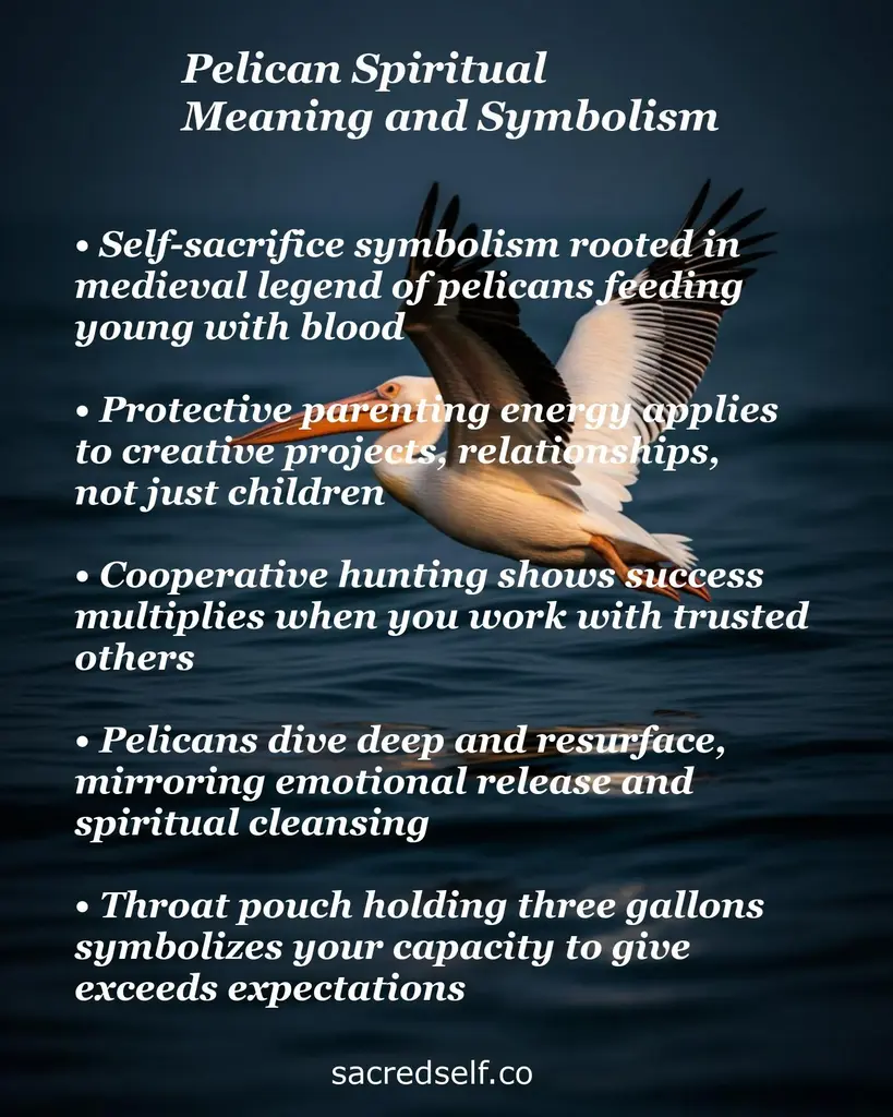 Pelican flying over dark water with text about self-sacrifice, protective parenting, cooperation, emotional release, giving
