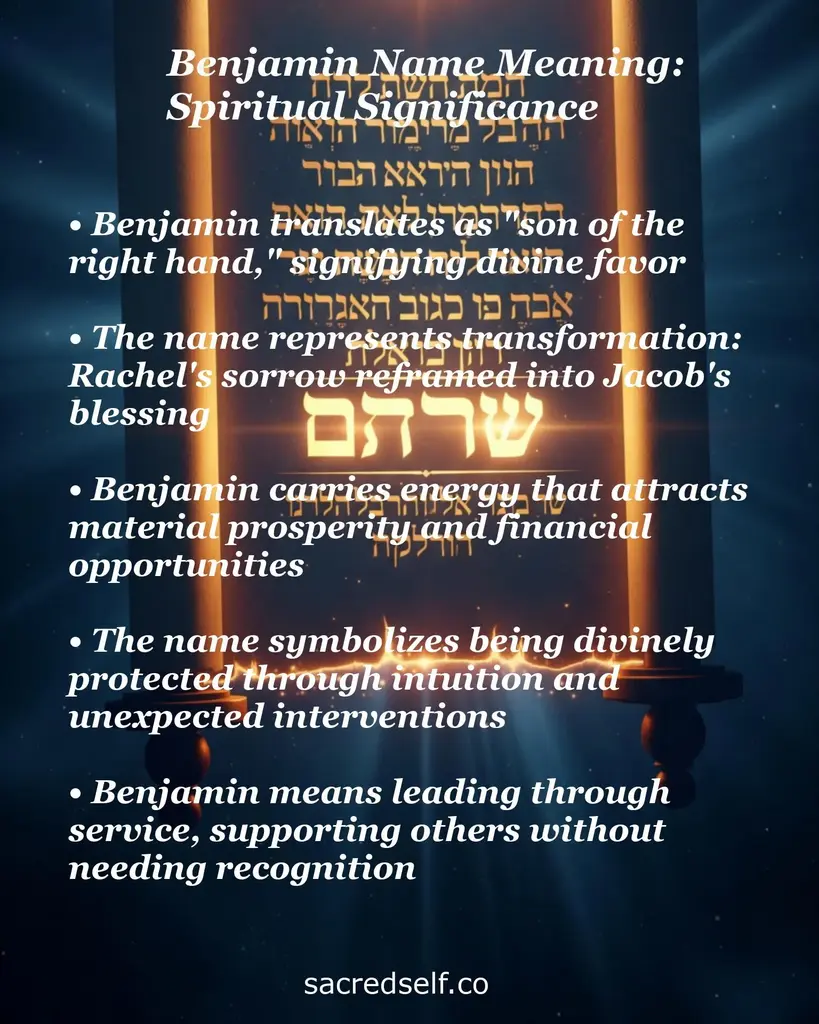 Glowing Torah scroll with overlay text about Benjamin: son of the right hand, transformation, wealth, protection, service