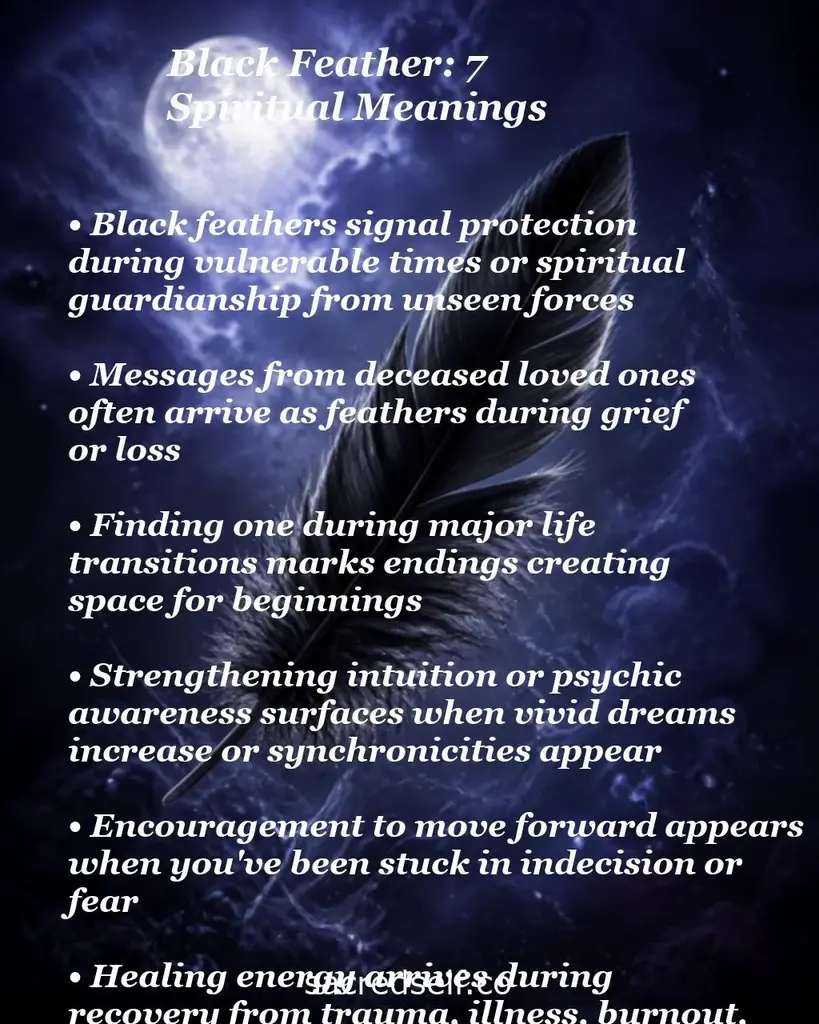 Moonlit infographic of a large black feather over a dark sky with white text listing seven spiritual meanings.