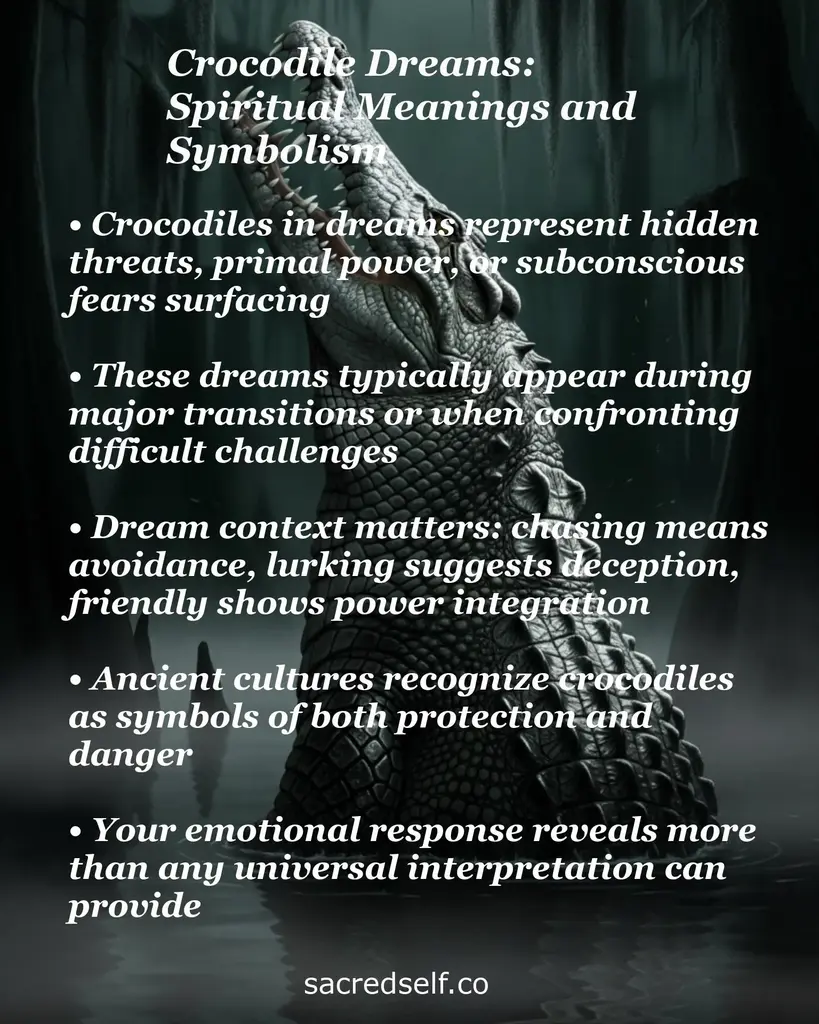 Crocodile in a misty swamp with overlay text about the spiritual meaning of crocodile in dreams: hidden threats, transitions