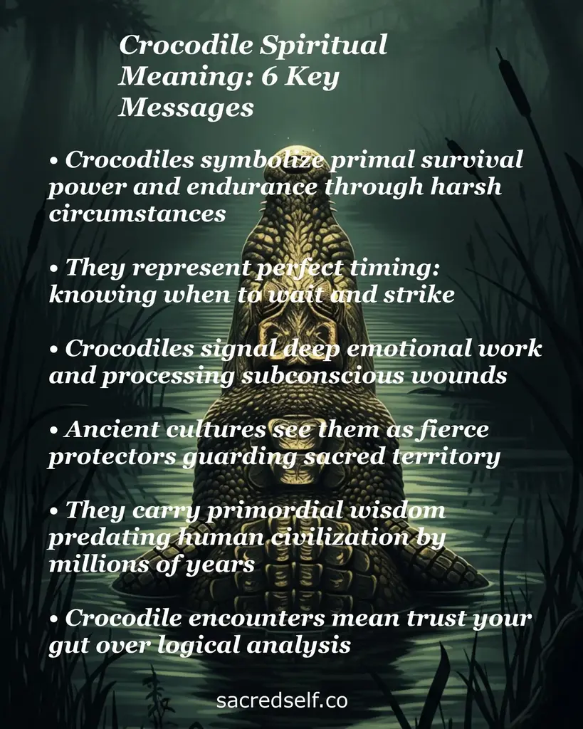 Crocodile in a misty swamp with text overlay of six messages: survival, timing, healing, protection, wisdom, trust gut