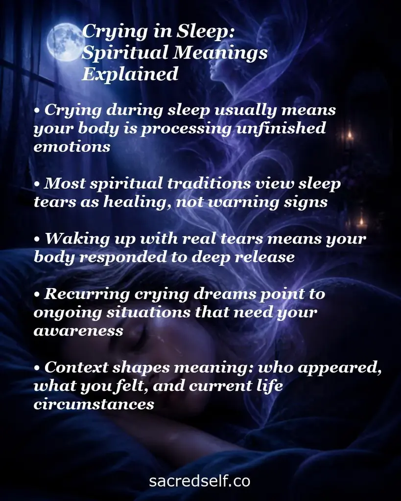 Moonlit sleeping figure with smoky spirit overlay and text on spiritual meaning of crying in sleep: healing, release, context