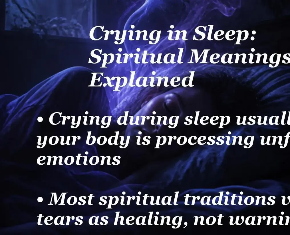Person sleeping under blue light with overlay text about crying in sleep: body processing emotions and tears as healing