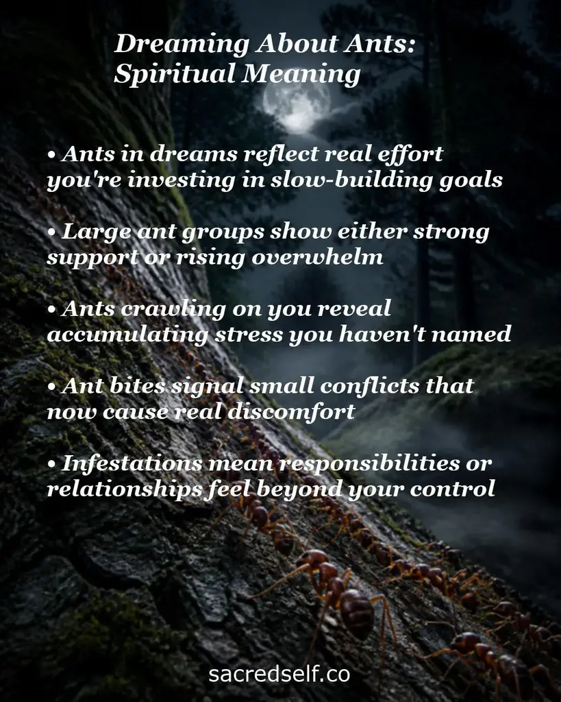Moonlit forest with ants on bark and overlaid text about spiritual meaning of dreaming about ants: effort, overwhelm, stress