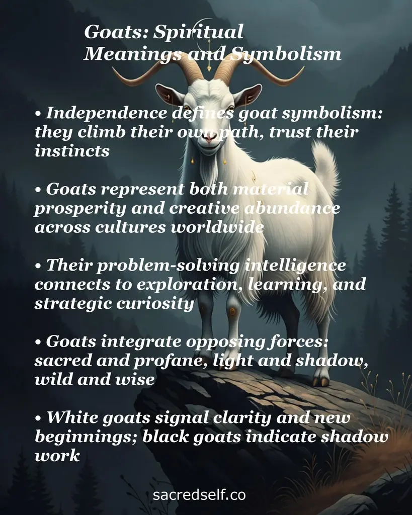 White goat on a rocky cliff with overlay text about independence, prosperity, curiosity, duality and color meanings