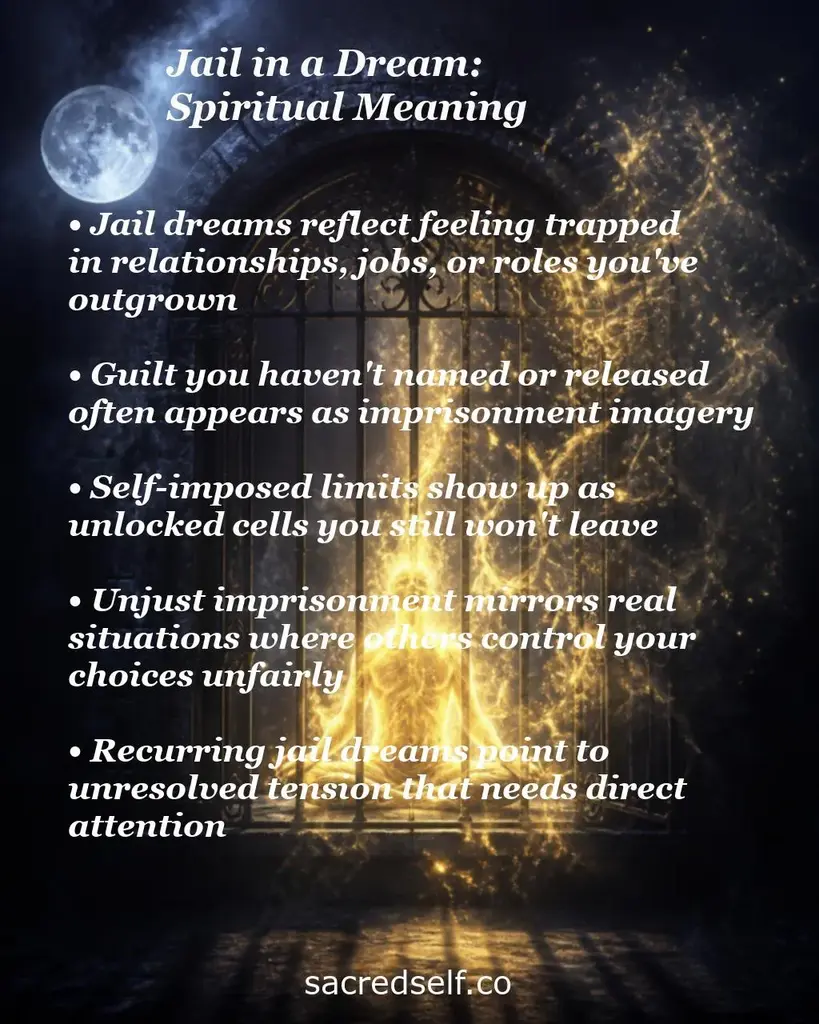 Moonlit iron gate with golden light; text overlay listing spiritual meanings of jail dreams: trapped feelings, guilt, limits.