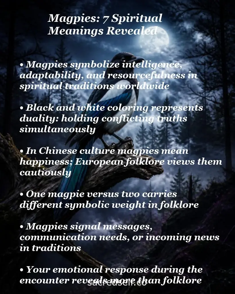 Moonlit magpie on a branch with text overlay listing seven spiritual meanings: intelligence, duality, messages, culture.