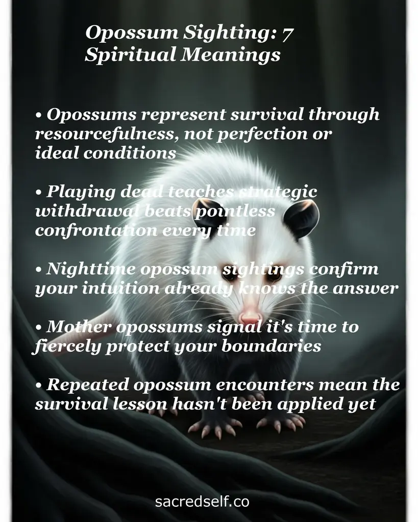 White opossum on dark forest background with text about survival, playing dead, intuition, protecting boundaries and encounters