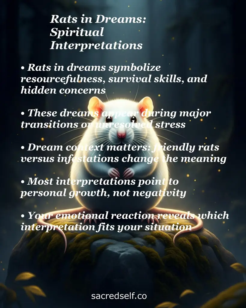 White rat on a mossy rock with text overlay about the spiritual meaning of rats in dreams: resourcefulness, transitions, growth