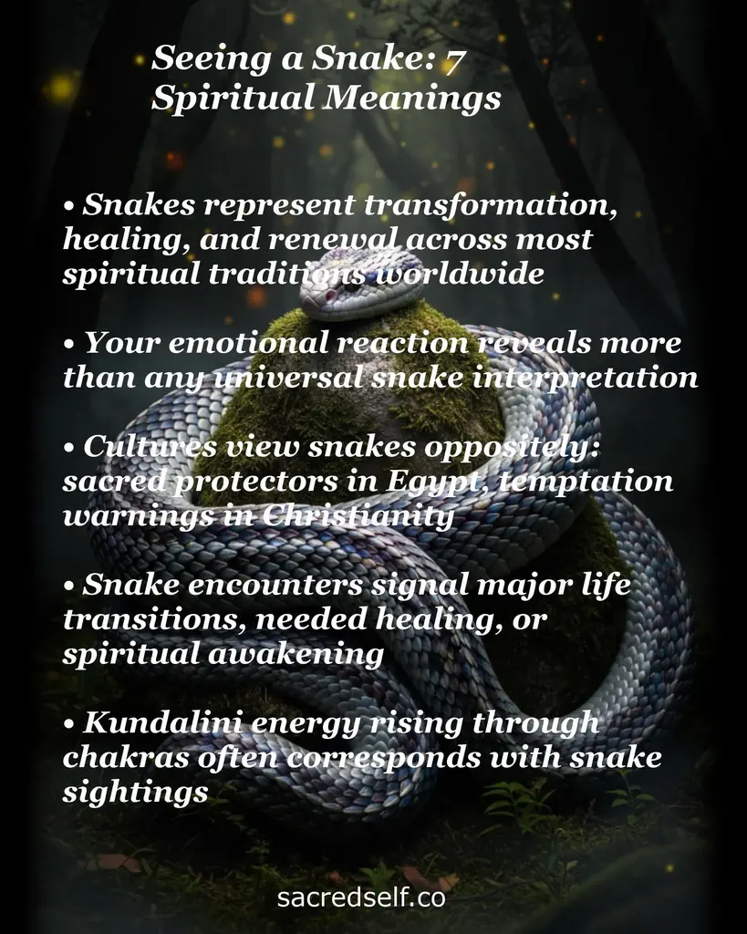 Coiled snake on mossy forest floor with overlaid text listing spiritual meanings: transformation, healing, Kundalini.