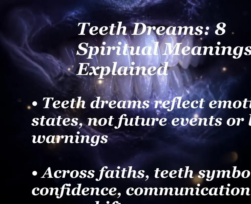 Glowing teeth on a purple nebula background with text 'Teeth Dreams: 8 Spiritual Meanings Explained'.