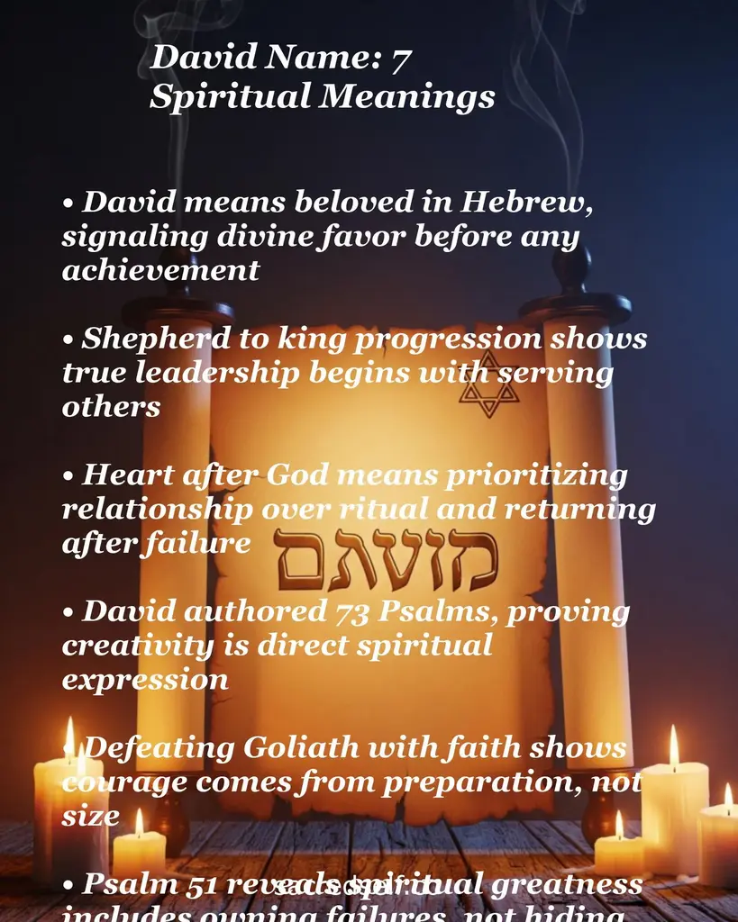 Scroll and candles background with overlay text listing seven spiritual meanings of the name David and Hebrew letters