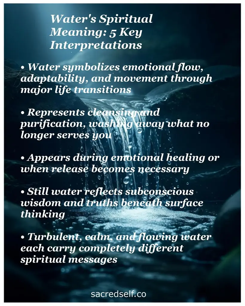 Waterfall background with text on water's spiritual meaning: emotional flow, cleansing, healing, stillness, and changing messages