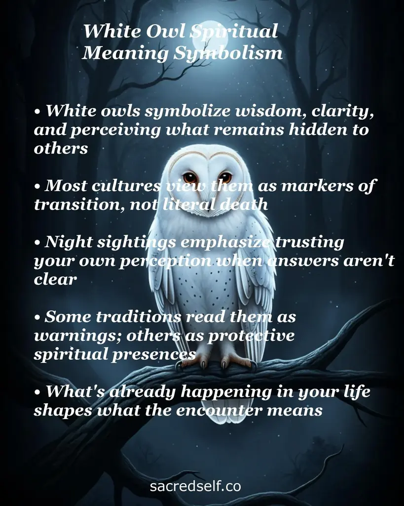 Moonlit white owl on a branch with overlaid text about spiritual meaning: wisdom, transition, trust your perception.